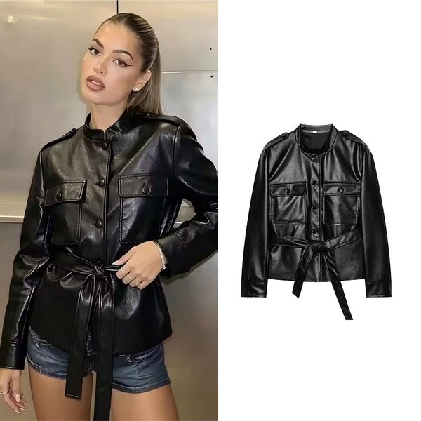 HipSeam Damen-Lederjacke mit Gürtel Neu 2026 Herbst Hochkragen Langarm Knopfleiste Damen-Winterjacke Schicke Damenmäntel