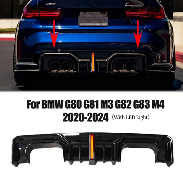 Diffuseur de pare-chocs arrière avec lumières LED pour BMW G80 G81 M3 G82 G83 M4 2020-2024, spoiler, protection, aspect fibre de carbone brillant