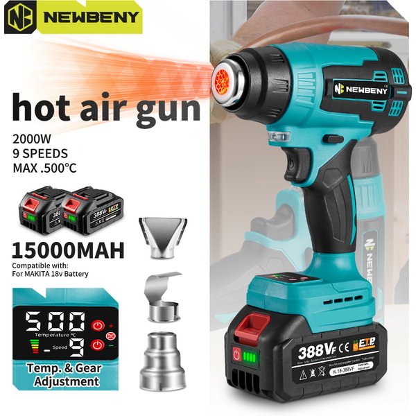 NEWBENY 2000W 500 ℃ Elektrische Heißluftpistole, 9-Gang-Handheld, kabellos, wiederaufladbar, industrielles Heim-Elektrowerkzeug für Makita-Akku-Pin
