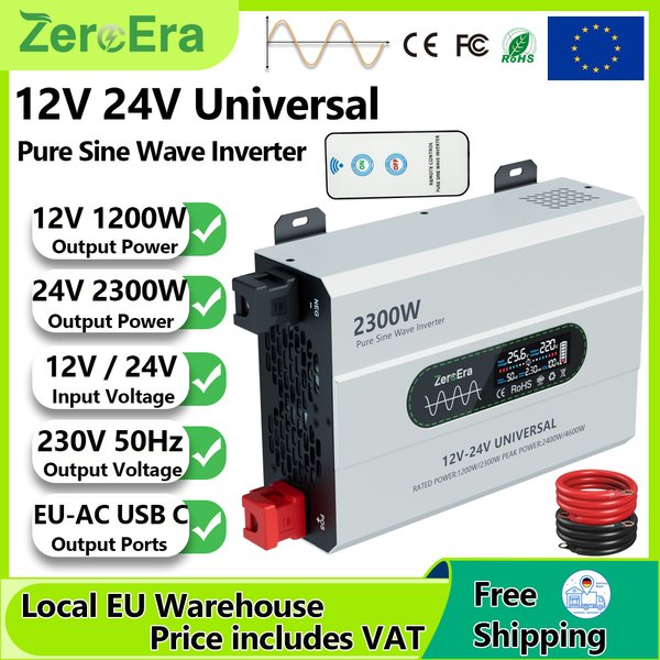 ZeroEra 12V/24V Dual-Voltage-Reiner-Sinus-Wechselrichter 1200W/2300W Ausgangsleistung zu AC 230V 50Hz für Wohnmobile, LKWs, Camping und Reisen mit EU-Steckdosen, Fernbedienung, LCD-Display,