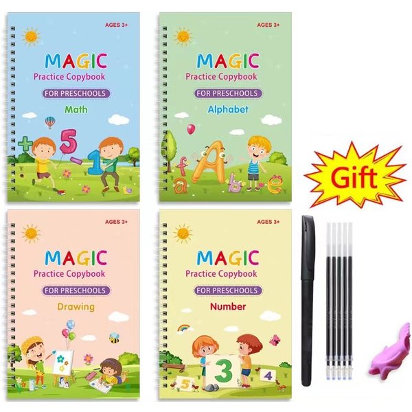 4 Stück Magic Groove Practice Copybook Pen Preschool English Version Kids Calligraphy Children Reusable Writing Book Free Wiping