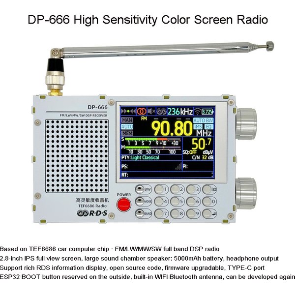TEF6686 DSP-Radio DP-666, hohe Empfindlichkeit, Vollband, FM, AM, FM, Kurzwelle, 2,8 Zoll, 320 x 240 Auflösung, 3,7 V/5000 mAh