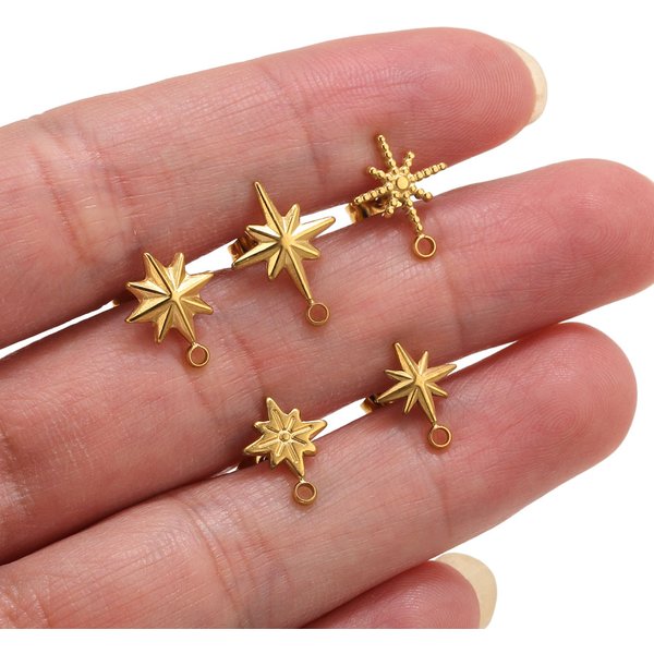 6 pièces Clous d'oreilles étoile en acier inoxydable plaqué or PVD 18 carats, composants de bijoux pour la fabrication de boucles d'oreilles et la création de piercings
