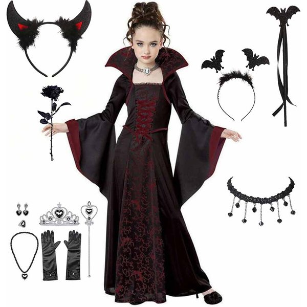 Halloween-Kostüm für Kinder, Halloween-Fantasie-Vampir-Kostüm, langes Tutu-Kleid für Mädchen, Kinder-Karnevals-Outfit, gotische Federkleidung