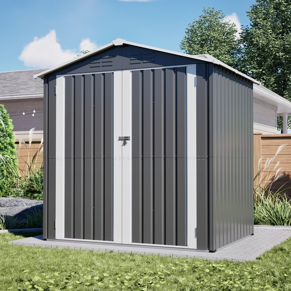 Abri de jardin en métal 6x5FT avec base de fondation, abri de rangement extérieur, portes à double verrouillage, abri à outils en acier galvanisé, aérateurs pour cour arrière