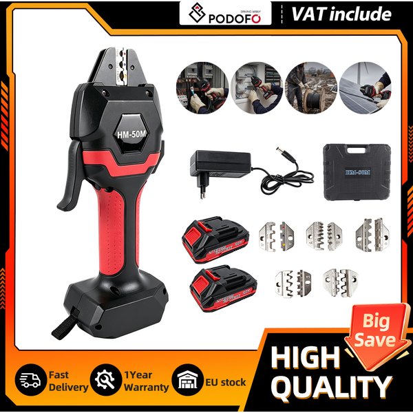 Podofo HM-50M Kabellose Lithium-Ionen-Kaltpresszange, wiederaufladbarer elektrischer hydraulischer Terminal-Crimper, tragbares industrielles Crimpwerkzeug für