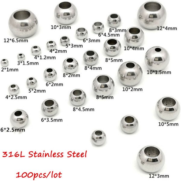 100pcs 2 Mm-12 mm Stainless Steel Beads European Ball Metal Big Hole Spacer Beads for Jewelry Making DIY Bracelet Necklace