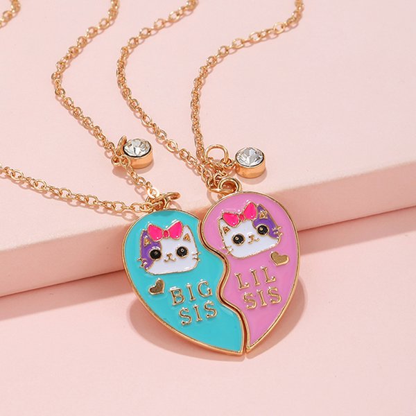 2 pièces/ensemble mignon chat coeur pendentif chaîne meilleurs amis sœurs BFF collier amitié bijoux cadeau pour les filles