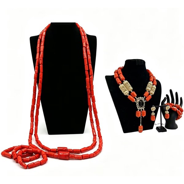 Ensemble de bijoux en perles de corail naturel ethniques africaines pour hommes et femmes, cadeau de mariage fait main