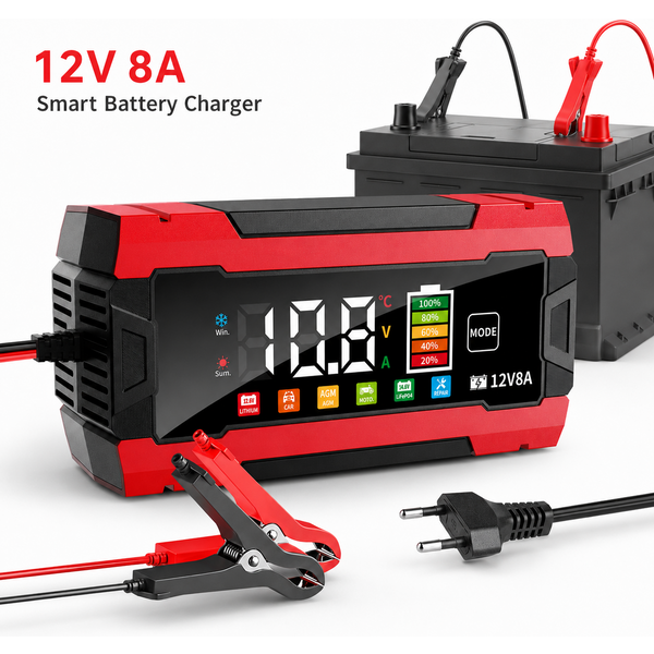 12V 8A Intelligentes Autobatterieladegerät mit LCD-Display, Puls-Wartungsmodus, für Blei-Säure-AGM-Motorrad- und LiFePO4-Batterien