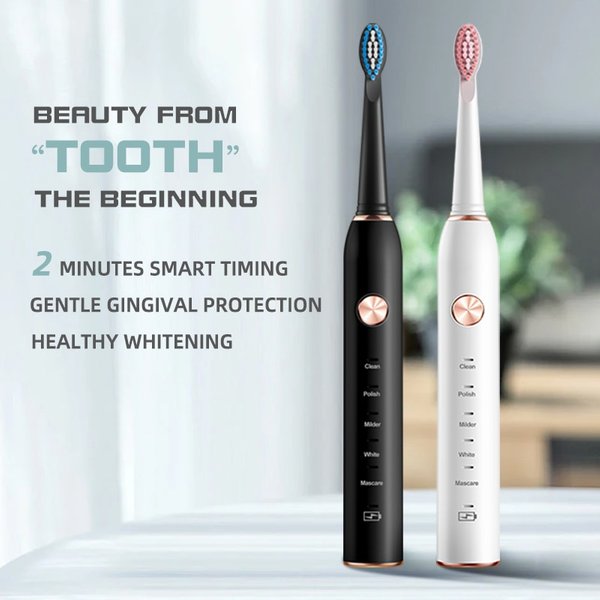 Jianpai-Brosse à dents électrique sonique pour homme et femme, noir et blanc, amoureux, 5 modes, chargement USB, étanche IPX7