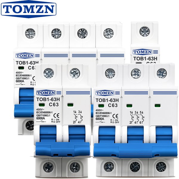 TOMZN AC MCB TOB1-63H C Curve 230/400V~ 50/60Hz Mini-Leistungsschalter 1P 2P 3P 4P 3A 6A 10A 16A 20A 25A 32A 40A 50A 63A