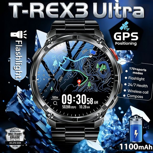 Nouvelle montre connectée T-REX3 Ultra avec batterie 1100 mAh, étanche 10 ATM, GPS, boussole, lampe de poche, écran AMOLED HD de 1,7 pouces, appels, montre connectée sport pour hommes