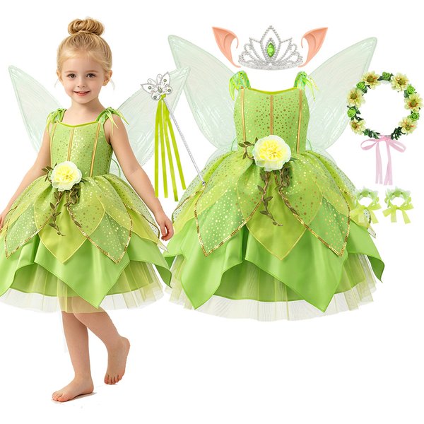Girls Green Flower Fairy Elf Dress Sleeveless Sequins Petal Skirt Tulle Tutu Costume for Halloween Carnival Tinker Bell Cosplay