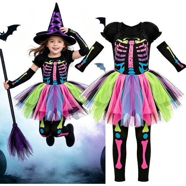 Kinder-Halloween-Hexen-Outfit für Mädchen, farbiges Skelettmuster, Tutu-Kleid, Leggings, Hut, Besen, Halskette, Süßigkeitentasche, Party-Kostüm-Set