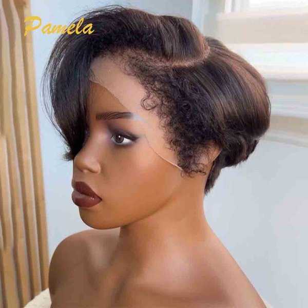Perruque sans colle à dentelle transparente, coupe pixie courte, bob droit, avec bordure crépue et ligne de cheveux naturelle, pré-épilée, 100 % cheveux humains