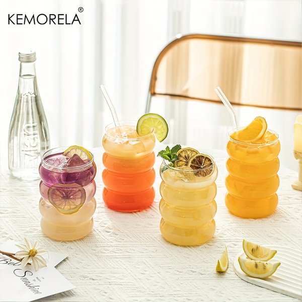 4 Pcs 480ML Creative Glass Cups Cute Ripple Shaped Vintage Drinking Glasses Ribbed Glassware with LIds Straws for Coffee Juice