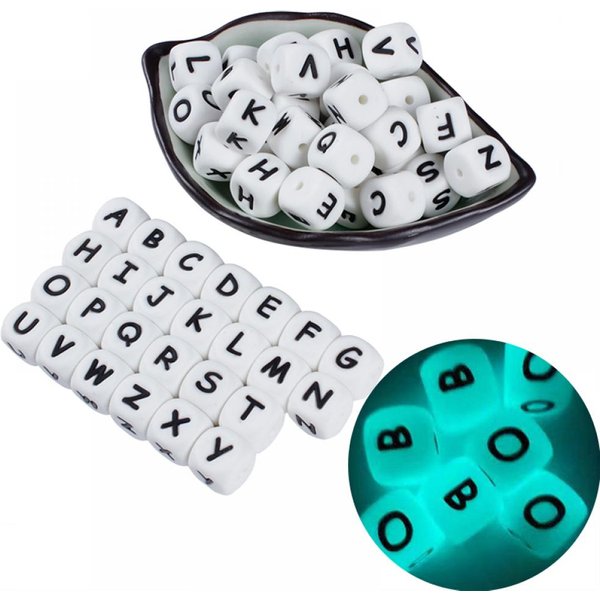 Perles lumineuses en Silicone pour bébé, 50 pièces, 12mm, brillent dans la nuit, lettres de l'alphabet anglais, jouet à mâcher, cadeau de douche
