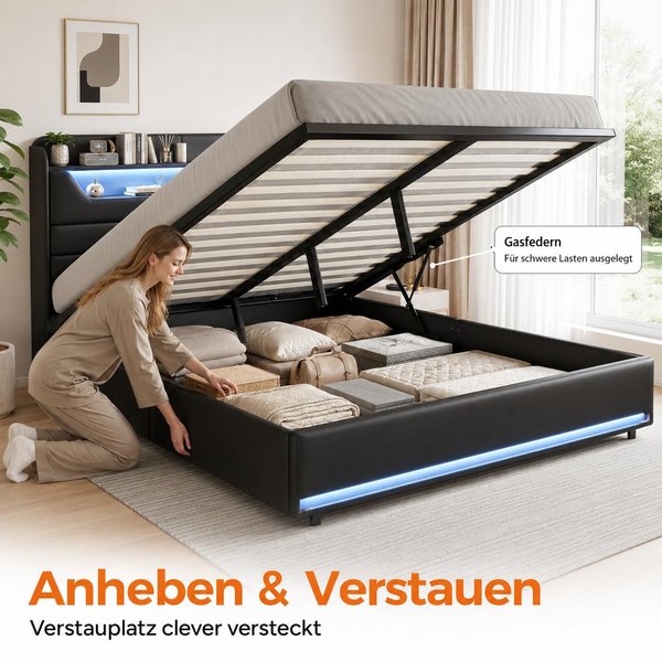 Lit hydraulique Anajqaqia 160×200 cm, lit double, lit avec rangement, lit moderne pour adultes, lit rembourré, avec dossier de rangement et sommier à lattes, PU, noir