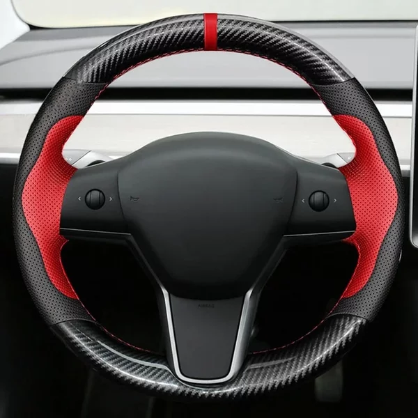 Auto-Lenkradbezug, handgenäht, rutschfest, schwarz, echtes Leder, Kohlefaser-Geflecht, für Tesla Modell 3 2017 2018 2019–2021