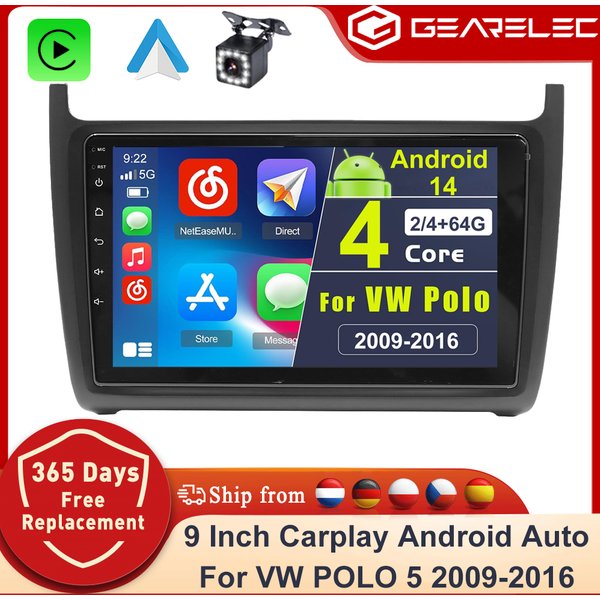 Autoradio GEARELEC 2 DIN pour VW Volkswagen Polo 2009-2017 6R 6C CarPlay 9 pouces, autoradio sans fil Carplay Android Auto GPS FM WIFI BT SWC RDS