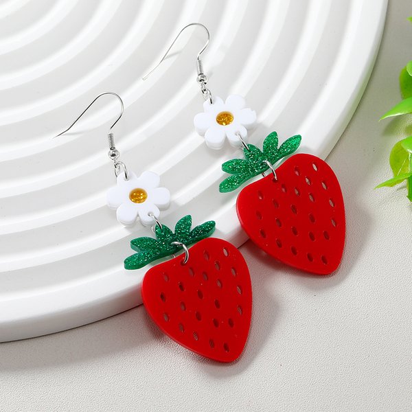 Boucles d'oreilles en planche acrylique, fruits, fleurs blanches super mignonnes, fraises rouges, personnalité d'été, exagérées