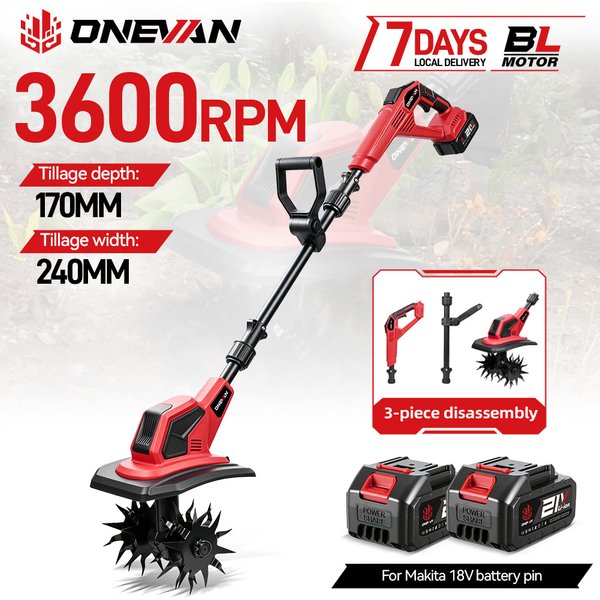 ONEVAN 2500W Bürstenloser Elektrischer Kultivator 3600 U/min Kabelloser Handgehaltener Bodenlockerer Rasentrimmer Gartenmäher Elektrowerkzeug für Makita 18V Akku