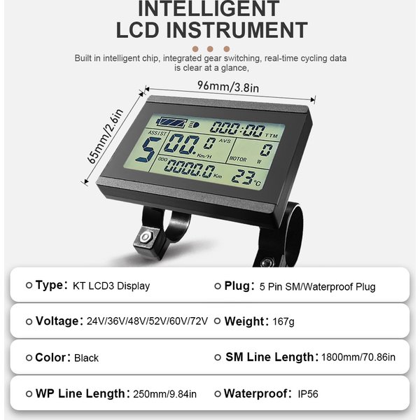 Wyświetlacz LCD3 do e-bike'a, wodoodporny, z wtyczką SM, 24V 36V 48V 52V 60V 72V, inteligentny kontroler do zestawu konwersji roweru elektrycznego.