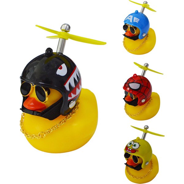 Petit canard jaune en caoutchouc avec casque, accessoires de décoration intérieure de voiture, cloche de cyclisme, klaxon de vélo pour enfants, hélice sans lumières