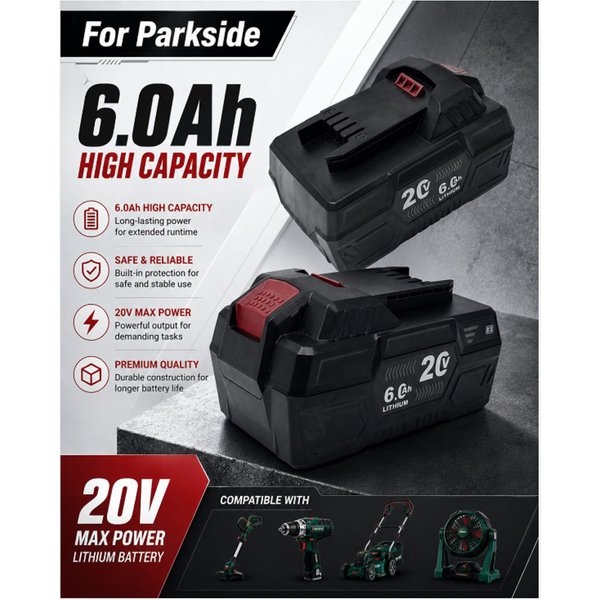 EU-Lager 20V 6,0Ah Ersatz-Li-Ionen-Akku Passend für Parkside X20V Team PAP 20 A1 B1 B3 A3 PAPS 208 A1 BMS-Schutz LED-Leistungsanzeige