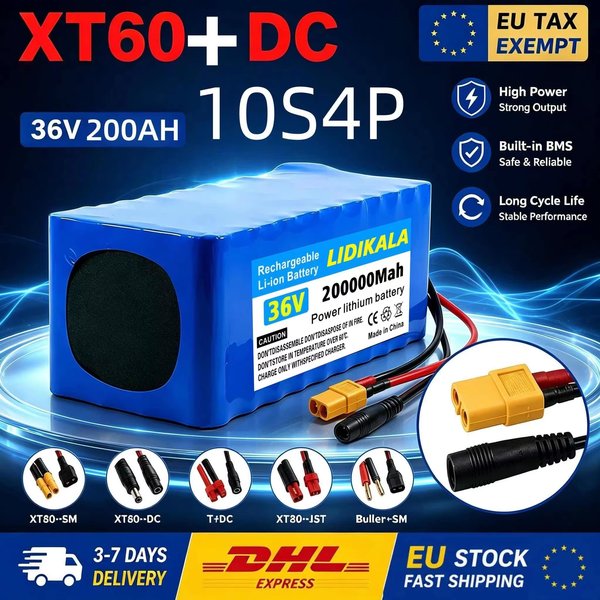 LIDIKALA Nouvelle Batterie Li-ion 36V 200Ah 10S4P 18650 à Longue Portée, avec BMS Intelligent Intégré, Connecteur XT60 & DC, Batterie de Rechange Rechargeable pour Vélo Électrique et Trottinette