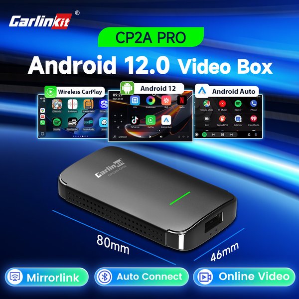 CarlinKit CP2A Pro CarPlay Ai Box Android 12 TV Box Kabelloses CarPlay Android Auto Bildschirmspiegelung 4-in-1 Smart Car Ai Box für OEM-Fahrzeuge mit kabelgebundenem CarPlay 5,8 GHz WiFi Schnelle