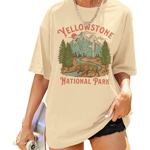 Yellowstone National Park T Shirt Oversized Vintage Mountain Hiking T-Shirts Cute Adventure Graphic Tees Women Retro Boho Tops