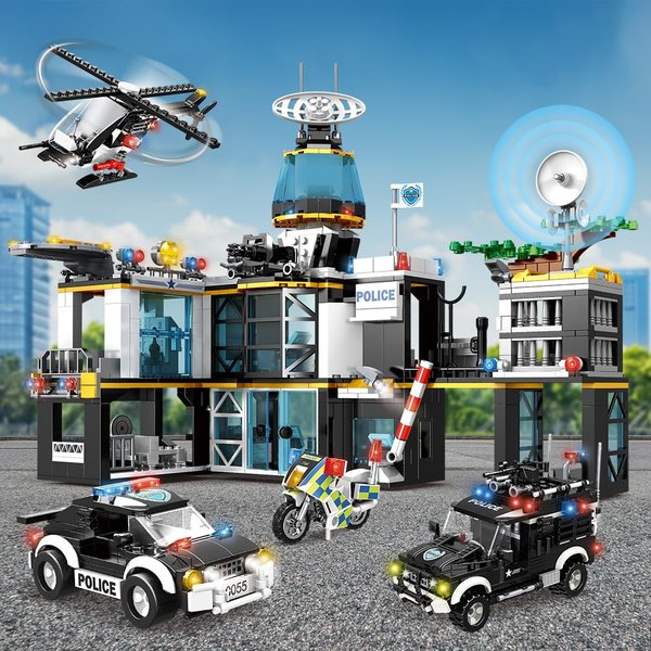 HOGOKIDS Polizeistation-Bauset mit Hubschrauber, Motorrad, Polizeifahrzeug und Bandit-Auto, STEM-Spielzeug, Weihnachts- und Geburtstagsgeschenk