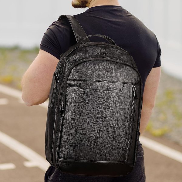 HUMERPAUL-Sac à dos en cuir véritable pour homme, sac à dos pour ordinateur portable, sac d'école pour étudiant, sac à dos noir, haute qualité, mode, 15.6 pouces