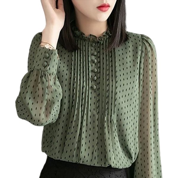 Women Spring Autumn Style Chiffon Blouses Shirts Lady Casual Long Sleeve O-Neck Polka Dot Printed Chiffon Blusas Tops DD8879