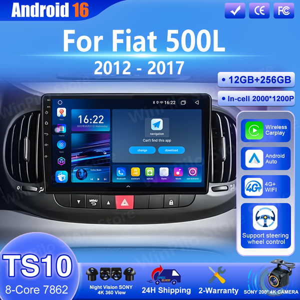 Android 16 Carplay pour Fiat 500L 2012 2013 2014 2015 2016 2017 Lecteur multimédia vidéo automobile Navigation GPS Écran tactile Voiture WIFI
