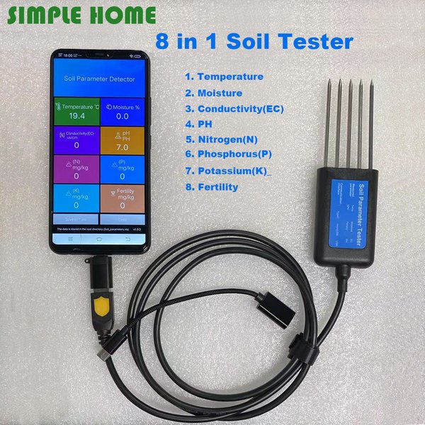 Testeur de sol de haute qualité PH EC mètre 8 en 1 avec 5 broches mesure température humidité NPK détecteur de capteur de fertilité pour ferme