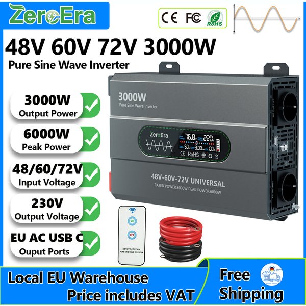 Onduleur à onde sinusoïdale pure ZeroEra 48V/60V/72V, puissance de sortie 3000W vers AC 230V 50Hz avec prises AC EU, télécommande, écran LCD pour camping-car, camion, caravane, voyage, maison, stock