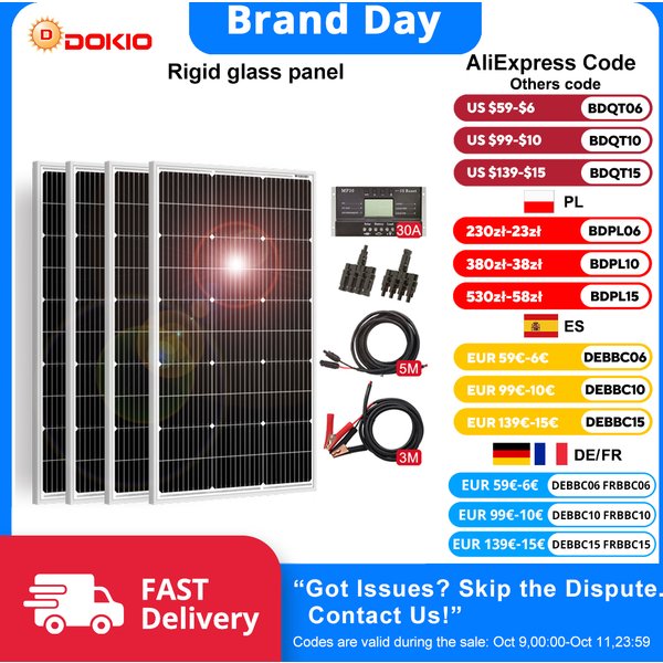 Dokio Wasserdichtes starres monokristallines Solarmodul-Set (100W/200W/400W) mit Controller - für Haus- und 12V-Autobatterie-Ladung