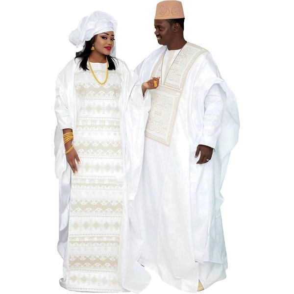 Robes africaines pour Couples, robes traditionnelles brodées Bazin, longueur au sol, avec écharpe, Design de Couple