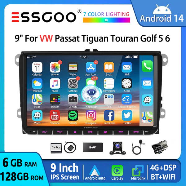 ESSGOO Android 14 Autoradio 9" 6+128 GB 4G für VW Golf 5/6 Touran Caddy Polo Jetta EOS Passat T5 GPS Navi Wireless CarPlay Android Auto Bluetooth WiFi AM DSP Lenkradfernbedienung Mirror Link Head Unit
