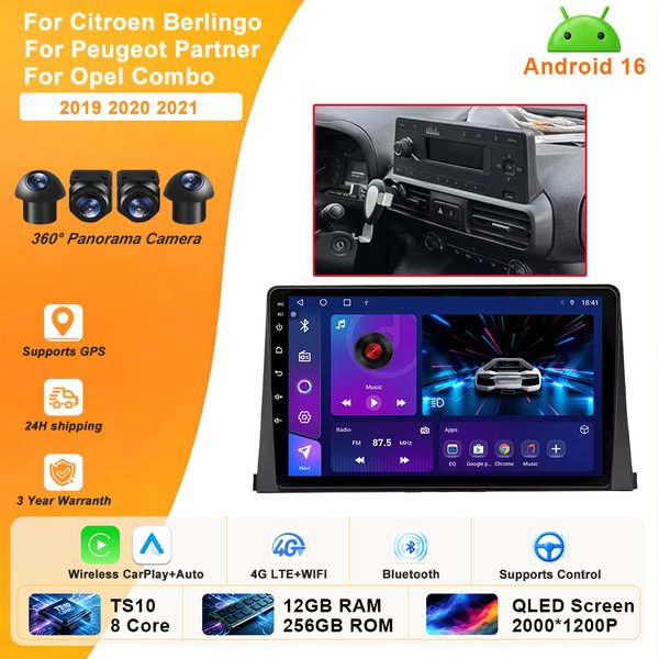 Android 16 Carplay Car Radio Stereo Multimedia Video Player For Citroen Berlingo 2019 Peugeot Partner Rifter 2020 For Opel Combo