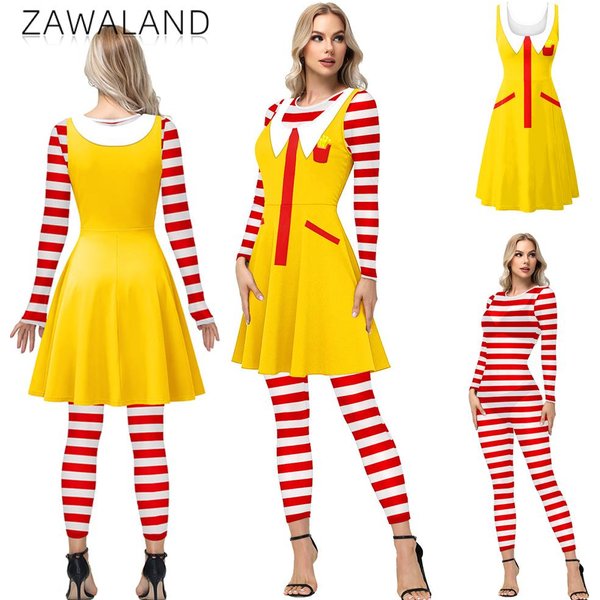 Costume de cosplay Ronald M Uncle pour femmes, robe jaune de clown de restauration rapide avec combinaison rayée, tenue de fête d'Halloween et de carnaval, 2 pièces