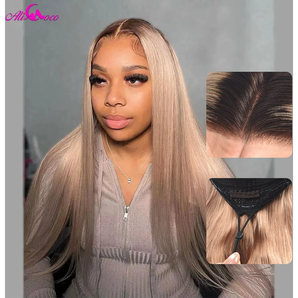 Perruque 13x6 droite à cordon de serrage en cheveux humains, pré-épilée, avec racines brunes et blondes cendrées, perruque frontale en dentelle sans colle 13x6 en cheveux humains