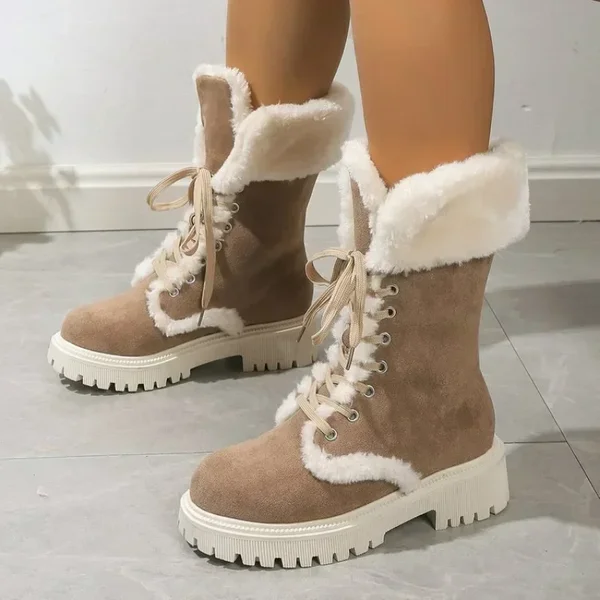 Verdicken Plüsch Schnee Stiefel für Frauen Winter Faux Pelz Plattform Stiefeletten Frau Mid-kalb Lace-up Schnee Stiefel verdickte Baumwolle Schuhe