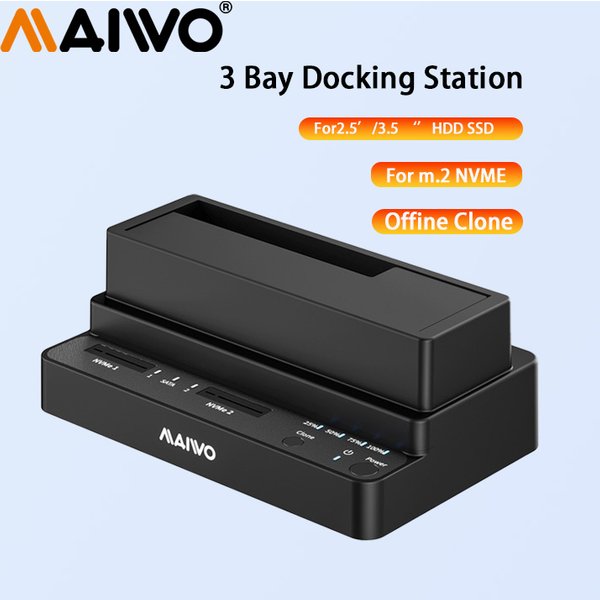 MAIWO 3 Bay SSD HDD Docking Station SSD NVMe M.2 with Offline Clone 10Gbps USB 3.2 Type-C Gen2 M.2 & SATA HDD External SSD Case
