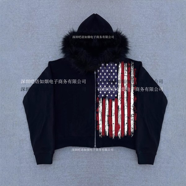 Herbst y2k Amerikanischen Retro Pelz Kragen Flagge Gedruckt Pelz Kragen Strickjacke Zipper Hoodie Gothic Dark Stil Sweatshirt Jacke Für Männer
