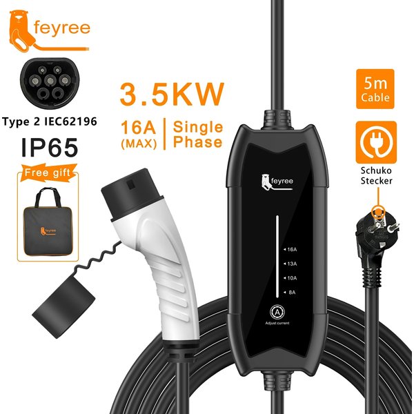 Chargeur EV portable Feyree Type 2 3,5 kW 16 A monophasé, boîte de charge à courant réglable, câble de 5 m, station de charge pour véhicule électrique
