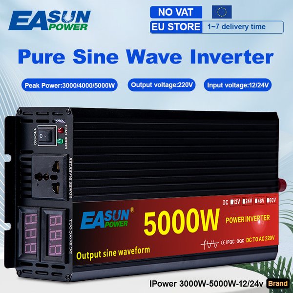 Auto-Wechselrichter 3000 W 4000 W 5000 W Leistung DC 12 V 24 V zu AC 220 V reiner Sinus-Konverter Auto-Inverter-Transformator Solar mit LED